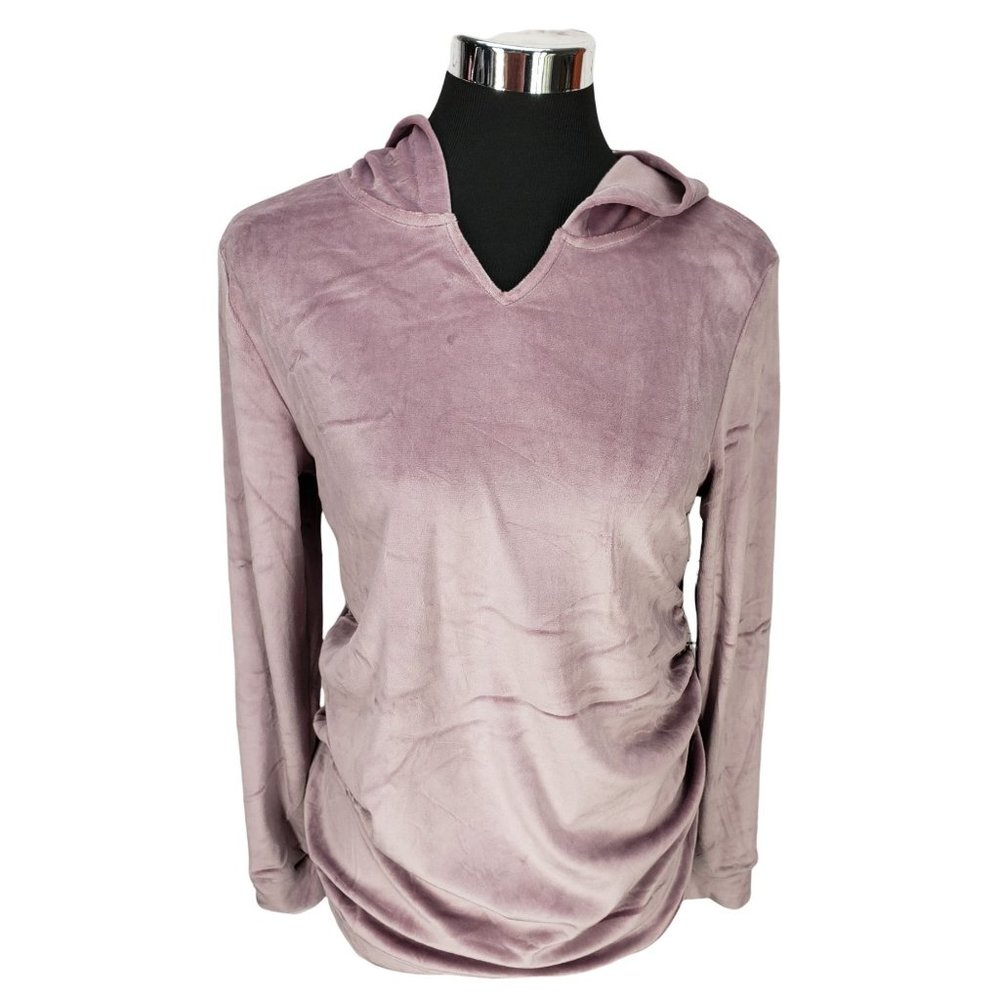 Feathers Maternity Women's Velvet Purple Hooded‎ Pullover Sweater Size Small